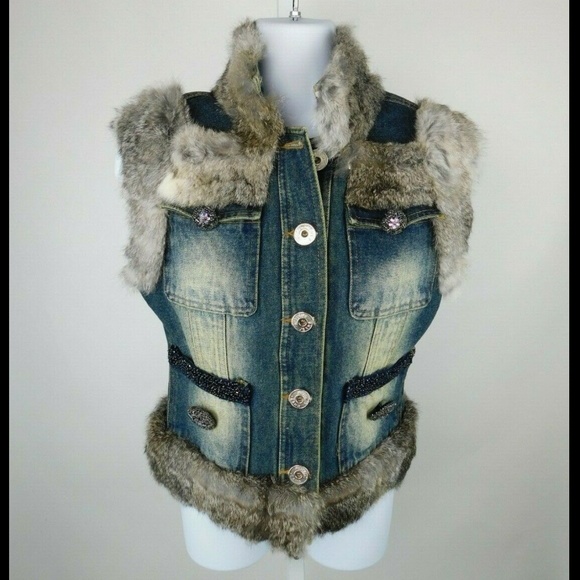 Moschino Jackets & Blazers - Moschino Jeans Fur Trim Acid Wash Beaded Vest